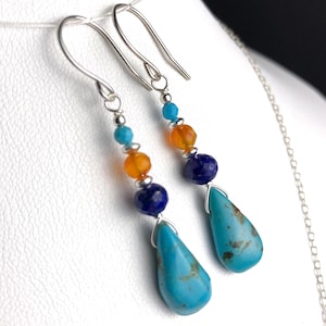 Turquoise Lapis Carnelian Earrings Sterling Silver wrapped natural blue orange gemstone modern beaded dangle drops holiday gift for her 7650