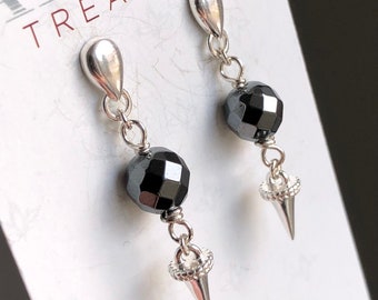 Hematite Earrings Sterling Silver natural gemstone modern statement stud dangle drops artisan handmade birthday holiday gift for her 7413