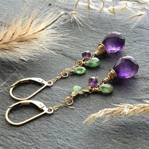 Amethyst Tsavorite Earrings Gold Filled wire wrapped natural purple green gemstones cluster dangle drops bohemian statement gift her 6332