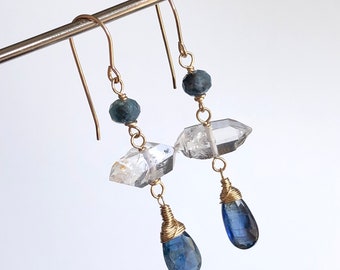 Blue Kyanite Herkimer Diamond Aquamarine Earrings Gold Filled wire wrapped natural gemstone modern statement long dangle drops gift her 7375