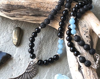 Aquamarine Black Onyx Lava Beaded Necklace for men natural stone mala with sterling silver angel wing pendant fathers day gift for him 7441