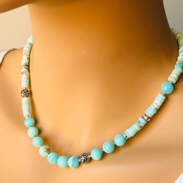 Blue Peru Opal Necklace Sterling Silver natural gemstone bohemian statement asymmetrical choker holiday birthday gift for her 7474