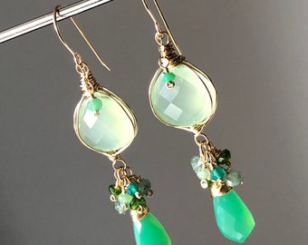 Green Chalcedony Earrings Gold Filled wire wrapped natural gemstones chrysoprase onyx diopside bohemian statement long dangle drops 7370