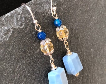 Blue Opal Citrine Agate Earrings Sterling Silver natural gemstone beaded long dangle drops modern statement birthday gift for her 6910