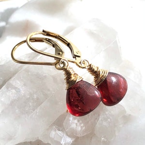 Mozambique Garnet Earrings Gold Filled wire wrapped natural deep red gemstones classic dangle drops January birthstone gift for her 6291 image 2