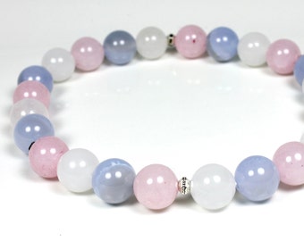 Rose Quartz Blue Chalcedony White Jade Stretch Bracelet for women natural stones 8mm wrist mala healing 7.5 inches gift for Her 5792