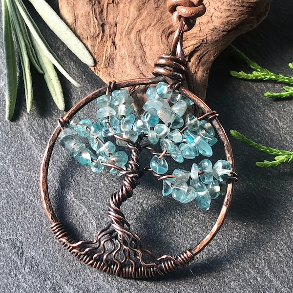 Blue Apatite Tree of Life Necklace Copper wire wrapped teal blue gemstone talisman pendant holiday birthday mother's day gift for her