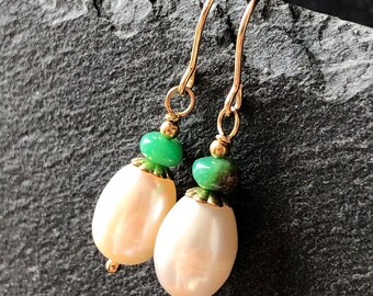 White Pearls Chrysoprase Earrings Gold Filled natural green gemstone elegant dangle drops holiday birthday gift for her 7084