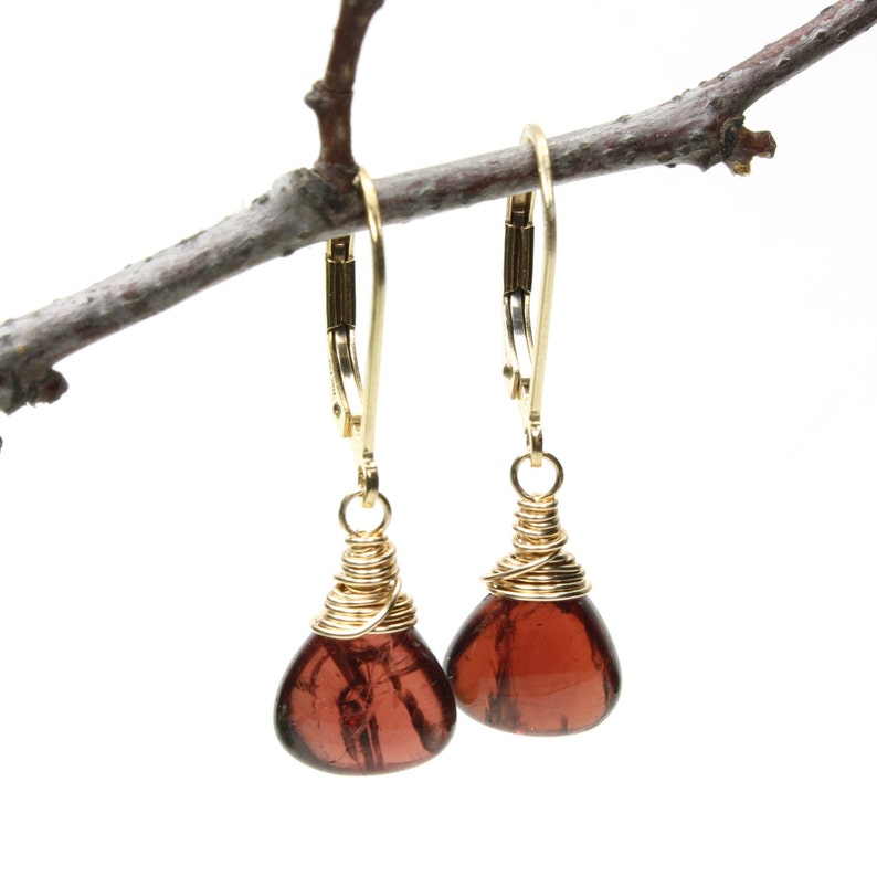 Mozambique Garnet Earrings Gold Filled wire wrapped natural deep red gemstones classic dangle drops January birthstone gift for her 6291 image 8