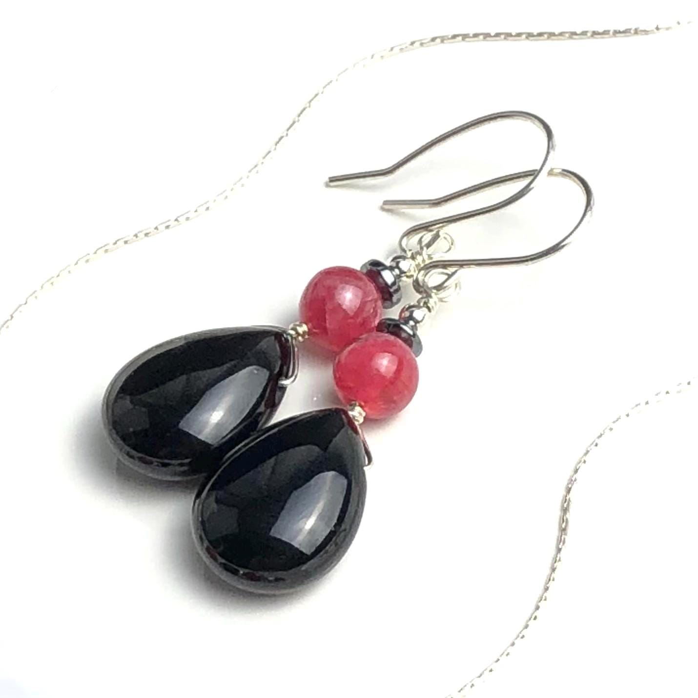 Boucles D'oreilles Onyx Et Rhodochrosite Argent 925 - Fait Main, Unique