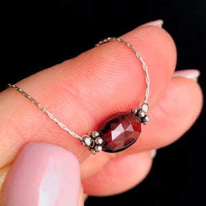 Garnet Oval Sterling Silver Necklace genuine natural deep red gemstone pendant dainty layering choker January birthstone gift for her 7062