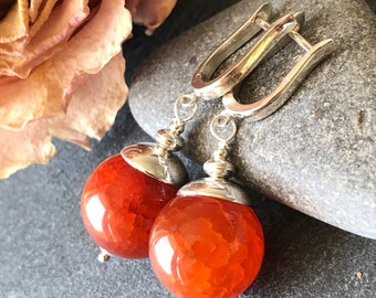 Agate Earrings Sterling Silver natural orange red gemstone modern statement dangle drops birthday Mother's Day gift for mom her 7456