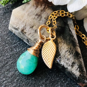 Emerald Necklace Gold Filled wire wrapped natural green gemstone simple minimalist drop leaf charm pendant May birthstone gift for her 5999