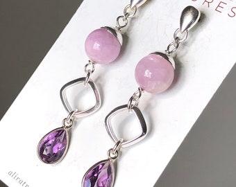 Kunzite Amethyst Earrings Sterling Silver natural gemstone modern statement long dangle drops studs birthday holiday gift for her 7408