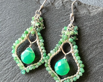 Chrysoprase Earrings Sterling Silver wire wrapped green natural gemstone bohemian statement bold dangle drops birthday holiday gift her 7417