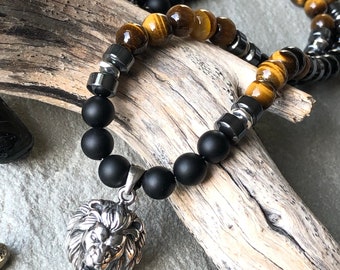 Tiger Eye Black Onyx Hematite Necklace for men natural stone mala with sterling silver lion head pendant fathers day birthday gift him 7461