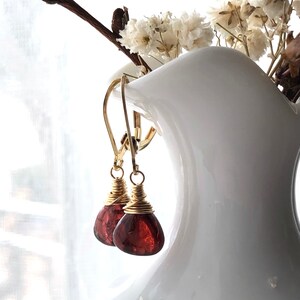 Mozambique Garnet Earrings Gold Filled wire wrapped natural deep red gemstones classic dangle drops January birthstone gift for her 6291 image 5