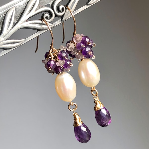 Amethyst Pearls Earrings Gold Filled wire wrapped purple white natural gemstones bohemian statement cluster dangle drops gift for her 7276