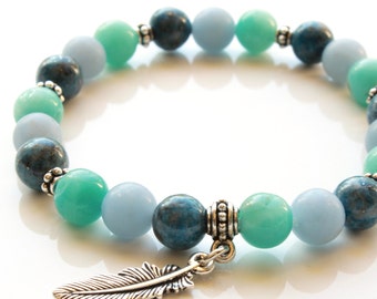 Amazonite Lapis Angelite Stretch Bracelet for women men blue green 8mm natural stone beaded mala with feather charm holiday gift 4765