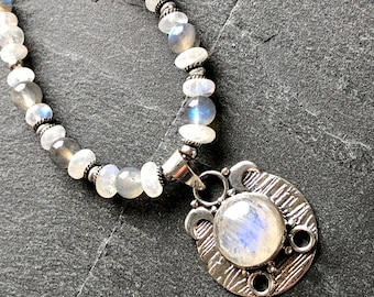 Moonstone Labradorite Necklace Sterling Silver natural gemstone bohemian statement pendant choker holiday birthday gift for her 7405