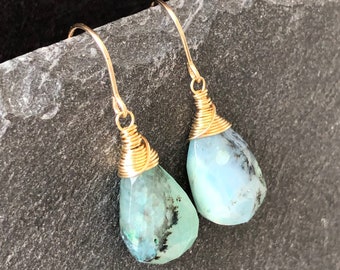 Peruvian Blue Opal Earrings Gold Filled wire wrapped natural aqua blue gemstone simple minimalist modern dangle drops gift for her 7419