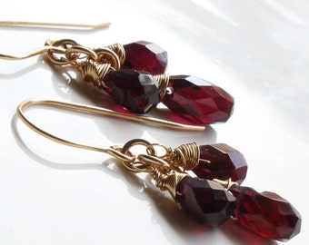 Garnet Gold Filled Earrings natural red gemstone cluster dangle drops January birthstone mother's day gift for sister grandmother aunt 3239