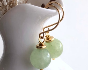 Green Jade Earrings natural stone dangle drops simple modern everyday casual boho chic gold plate birthday mothers day gift for her 6662