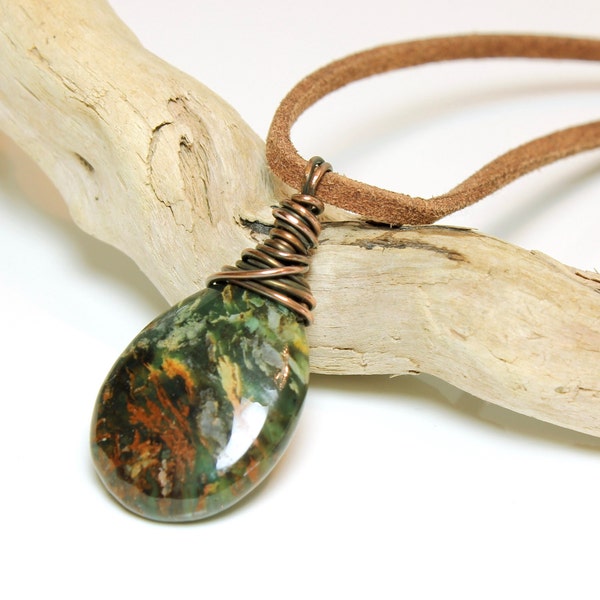 Opal Pendant Necklace Copper wire wrapped brown suede cord natural green brown stone talisman amulet protection gift for her 5723