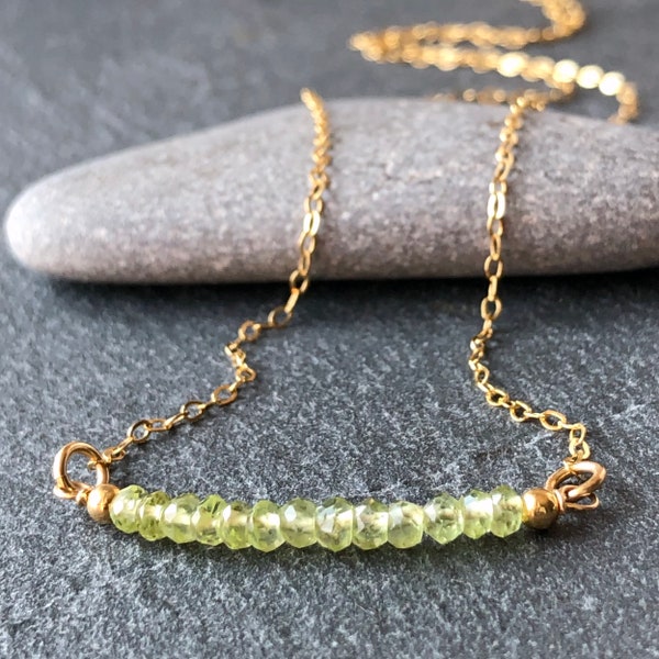 Peridot Beaded Bar Necklace Gold Filled wire wrapped genuine natural lime green gemstone dainty pendant August birthstone gift for her 5223