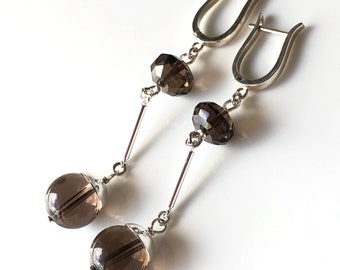 Smokey Quartz Earrings Sterling Silver natural gemstone modern statement long dangle drops birthday holiday gift for her 7407