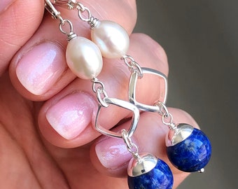 Lapis Lazuli White Pearls Earrings Sterling Silver natural gemstone modern statement long dangle drops birthday holiday gift for her 7425