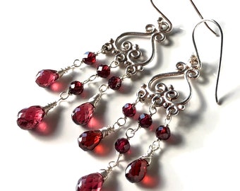 Red Garnet Earrings Sterling Silver natural gemstone bohemian statement long chandeliers birthday holiday day gift for her 7252