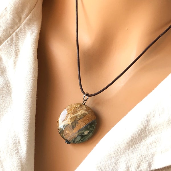 Jasper Pendant Necklace natural brown green disk stone simple bold modern statement leather cord holiday gift her him unisex