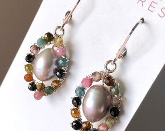 Silver Pearls Multi Tourmaline Earrings Sterling Silver wire wrapped pink green blue natural gemstones boho statement oval dangle drops 7363