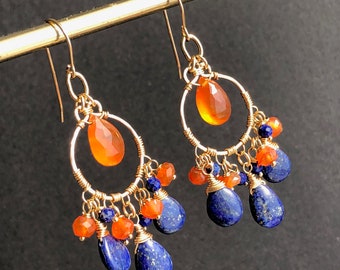 Lapis Lazuli Carnelian Earrings Gold Filled wire wrapped natural gemstones bohemian statement chandeliers December birthstone gift her 6495