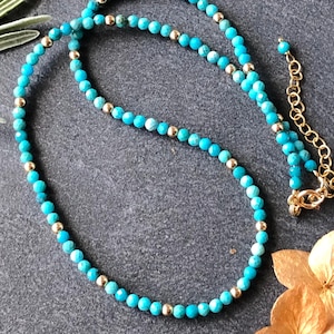 Turquoise Necklace Gold Filled blue green natural stone modern statement delicate choker layering birthday holiday gift for her 7227
