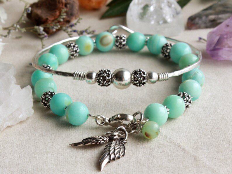 Blue Peruvian Opal Bracelet mother/'s day gift,4648 birthday gift for her angel wings charm 925 Sterling Silver boho luxe blue gemstone