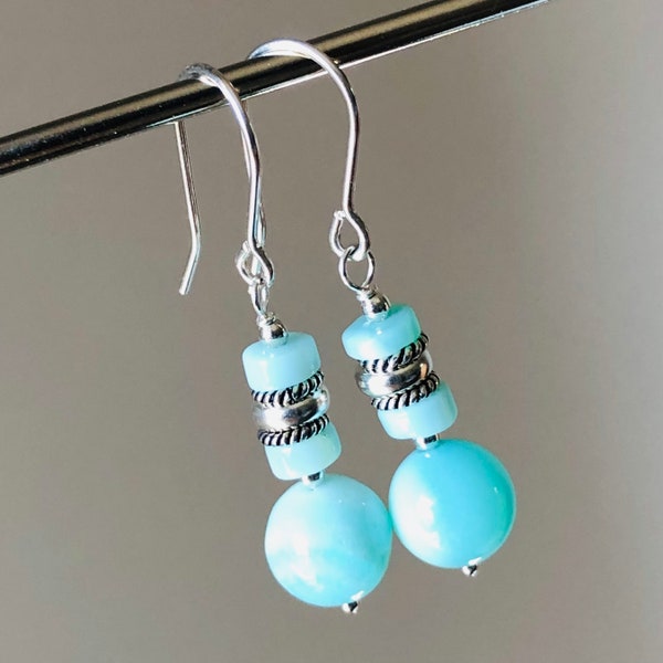 Blue Peru Opal Earrings Sterling Silver natural gemstone bohemian statement dangle drops holiday birthday Mother's Day gift for her 7475