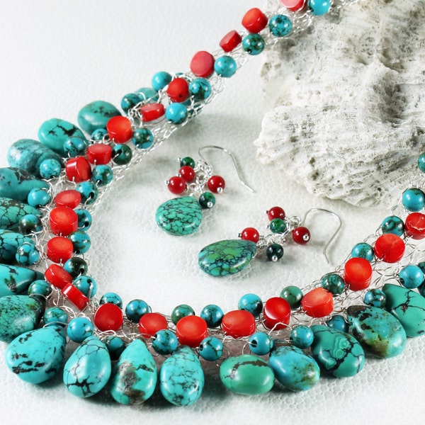Turquoise & Red Bamboo Coral Necklace, Silver Wire Crochet, red, blue-green, gemstone, statement, artisan, original, gift, fashion, NL2822