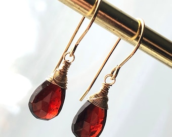 Mozambique Garnet Earrings Gold Filled wire wrapped natural deep red gemstones simple dainty dangle drops January birthstone gift her 6696