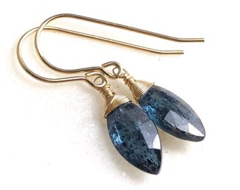 Blue Kyanite Dangle Earrings, Gold Filled Wire Wrapped Gemstone Drops 6104