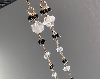 Herkimer Diamond Black Spinel Earrings Gold Filled wire wrapped natural gemstone bohemian statement long dangle drops ooak gift for her 7349