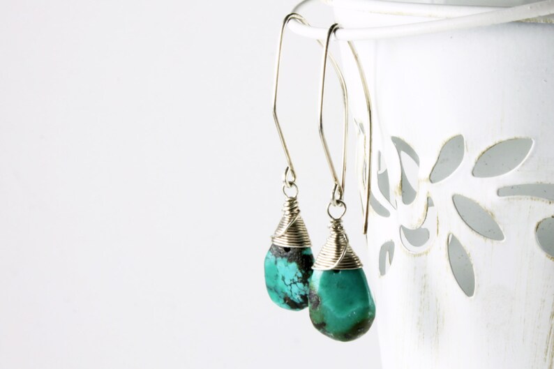 December birthstone fine earrings Sterling Silver wire wrap 1781 Turquoise Earrings blue gemstone genuine turquoise gift for her