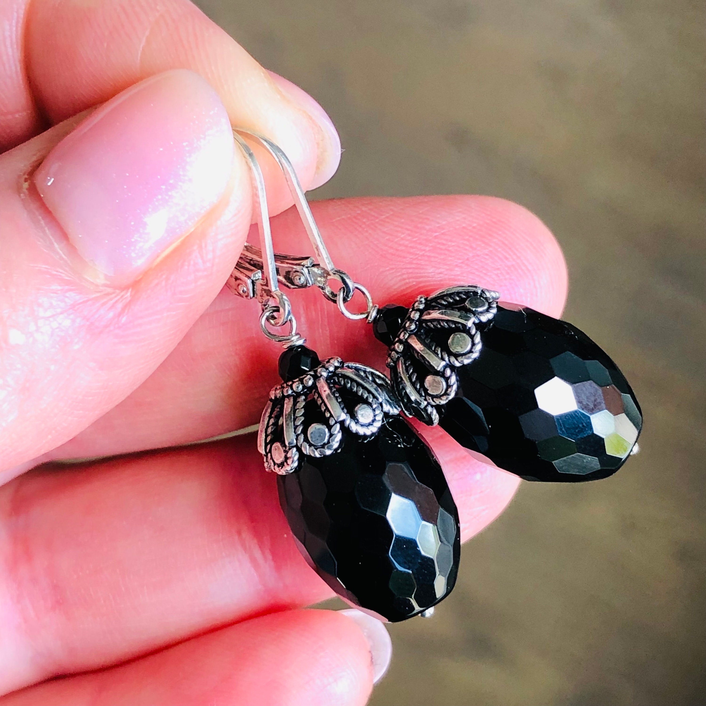 Orecchini pendenti da donna in argento sterling 925 con pietra preziosa di onice nero taglio cuscino - Italia