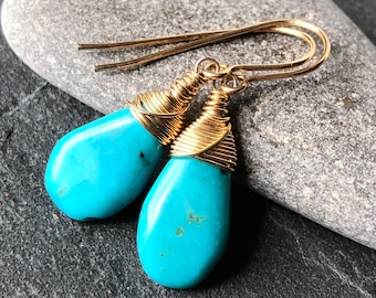 Turquoise Earrings Gold filled wire wrapped blue gemstone minimalist simple everyday dangle drops December birthstone mothers day gift 54051