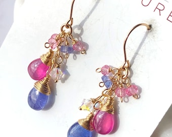 Multi Gemstone Earrings Gold Filled wire wrapped natural tanzanite pink sapphire topaz bohemian statement elegant cluster dangle drops 7354