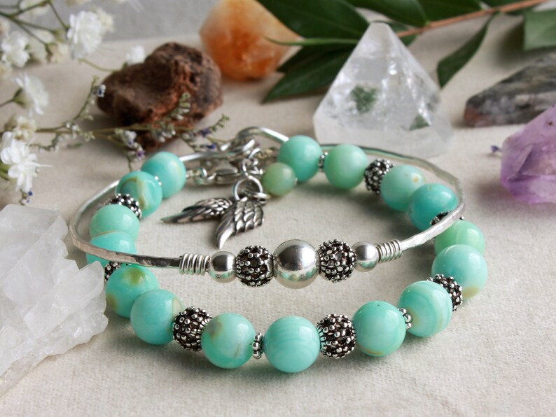 Blue Peruvian Opal Bracelet mother/'s day gift,4648 birthday gift for her angel wings charm 925 Sterling Silver boho luxe blue gemstone
