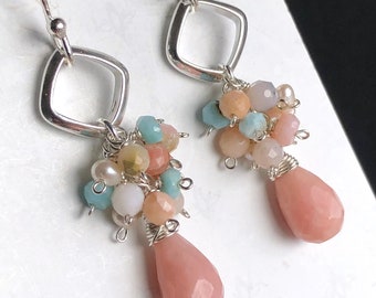 Pink Opal Beryl Earrings Sterling Silver natural gemstone bohemian statement long dangle drops October birthstone birthday gift her 7395