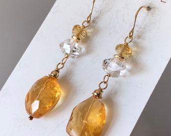 Citrine Herkimer Diamond Earrings Gold Filled natural golden yellow gemstone modern long dangle drops November birthstone gift for her 7416