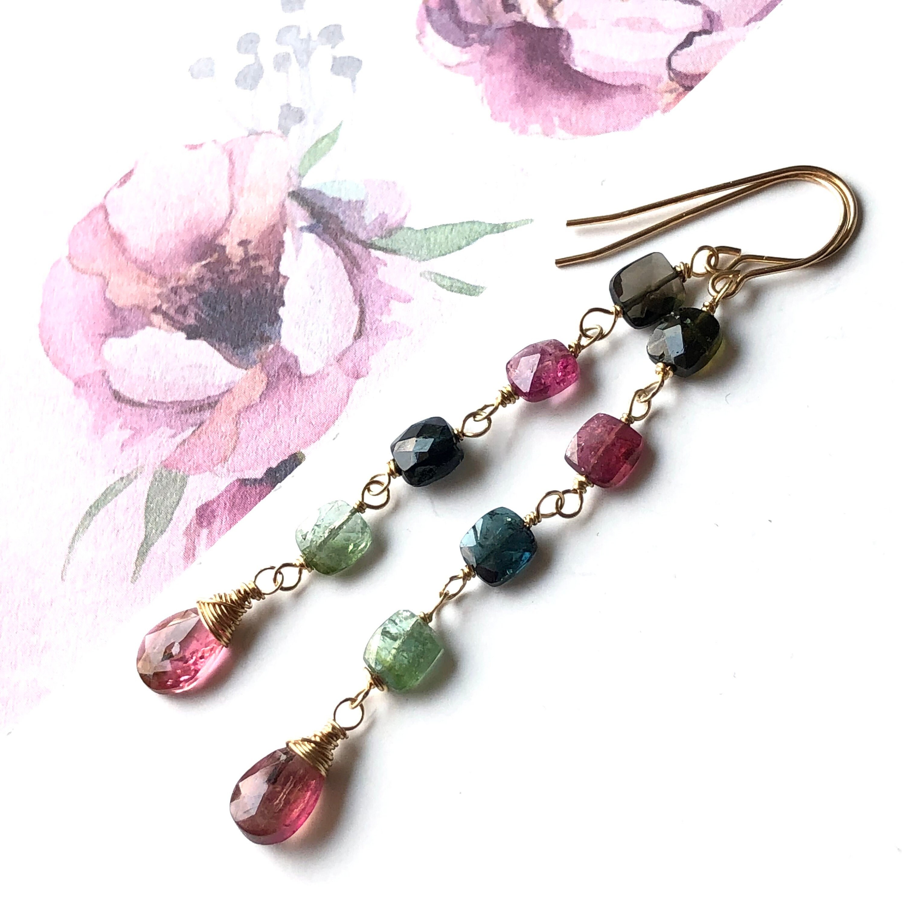 Tourmaline Earrings Gold Filled wire wrapped natural gemstones long chain dangle drops bohemian statement October birthstone gift her 6504e